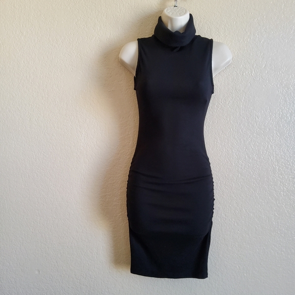 New Michael Stars Macy Ultra Rib Ruched Black Bodycon Turtleneck Mini Dress XSP - Picture 3 of 11